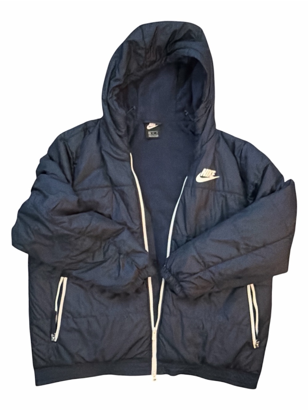 Nike Men's Dark Blue Hooded Puffer Jacket with White Accents